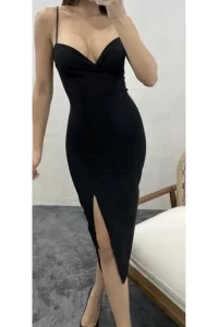 Askılı Yırtmaçlı Streç Elbise - Siyah 5
