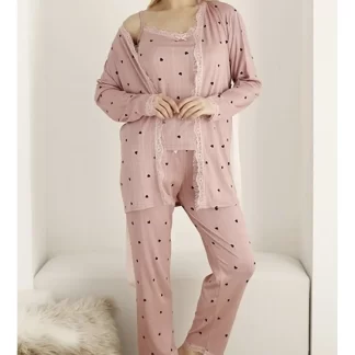 Askılı Yaka Pembe Siyah Puantiyeli Üçlü Kadın Pijama Takımı