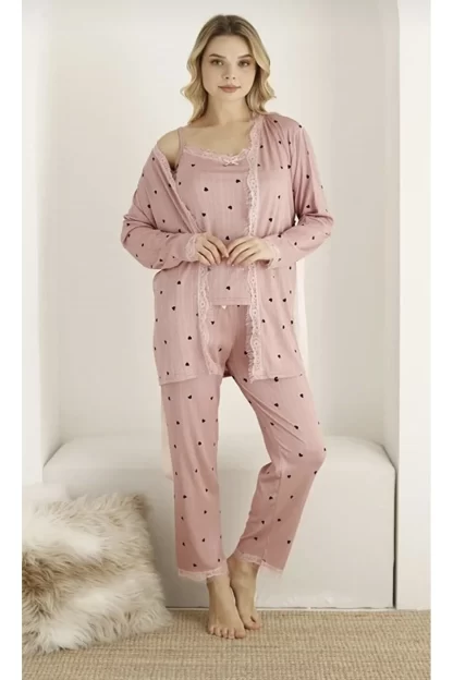 Askılı Yaka Pembe Siyah Puantiyeli Üçlü Kadın Pijama Takımı