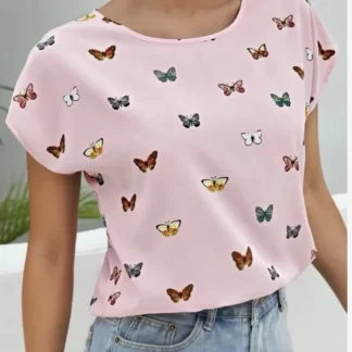Kelebek Desenli Pembe Kadın Tişört