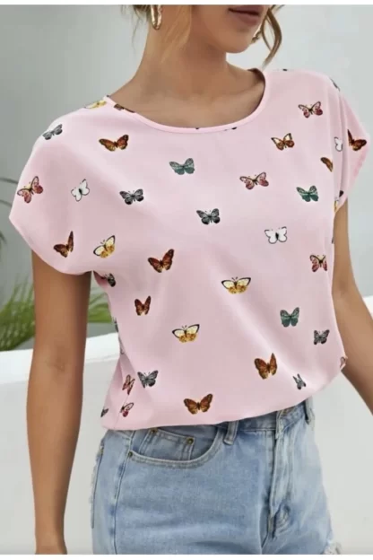 Kelebek Desenli Pembe Kadın Tişört 2