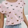 Kelebek Desenli Pembe Kadın Tişört 3