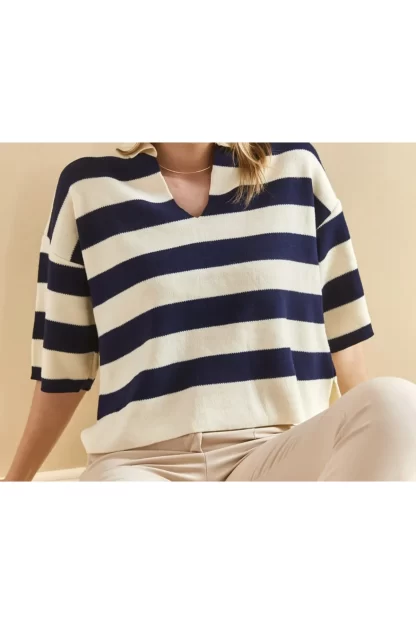 Oversize Polo Neck Striped Knitwear Sweater 3