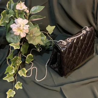Stylish Chain Black Patent Leather Shoulder Bag