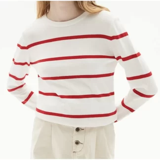 Красно-белый вязаный свитер в полоску