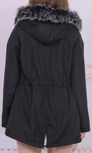 Hooded Black Women's Coat with Fur Collar 4