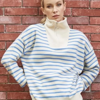 Blue Striped Zippered Casual Women's Sweater
