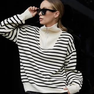 Casual Beige Women's Sweater with Black Stripes Zipper