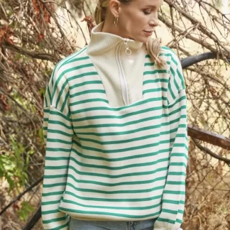 Green Striped Zippered Casual Women's Sweater