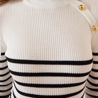 Button Detailed Striped White Sweater