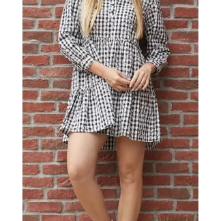 Plaid Patterned Dress with Buttons on the Collar