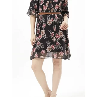 Front Buttoned Belted Floral Dress
