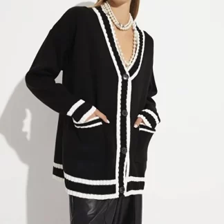 Black Cardigan with White Piping, women.