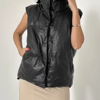 Turtleneck Black Leather Puffer Vest
