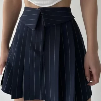 Striped Pleated Navy Blue Mini Skirt
