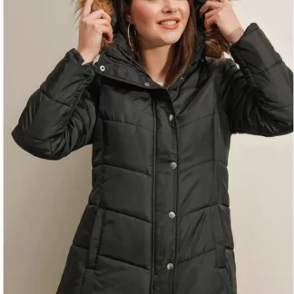 Furry Hooded Black Puffer Coat for Women