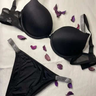 Black Colored Stone Detailed Supported Push Up Bra Set