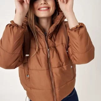 Tan Color Hooded Puffer Jacket