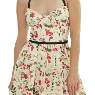 Strappy Patterned Cream Colored Balloon Dress