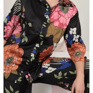 Floral Patterned Black Satin Shirt, Women.