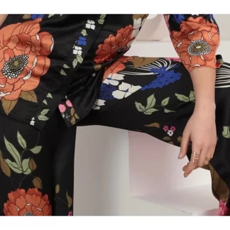 Floral Patterned Black Satin Trousers, Women.
