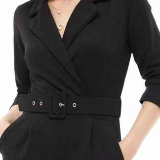 Double Breasted Collar Belted Black Jumpsuit