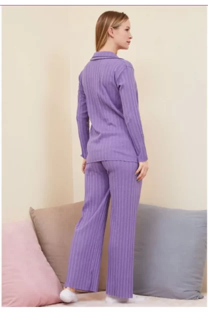 Düz uzun kollu gömlek yaka pijama takımı 4