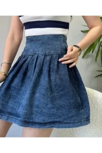 Blue Denim Skirt with Black Shorts Detail