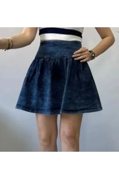 Blue Denim Skirt with Black Shorts Detail