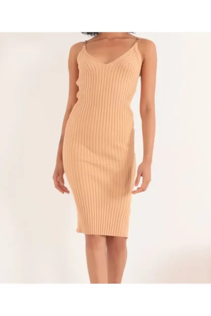 Mink color strappy knitted dress with brooch detail 6
