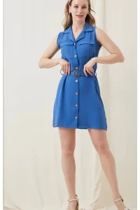Shirt Collar Belted Blue Dress models