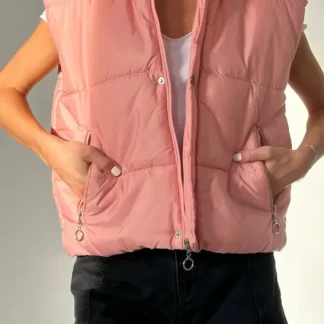 Hooded Powder Pink Puffer Vest, women.