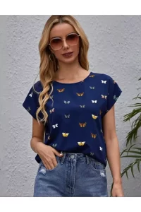 Navy Blue Butterfly Patterned T-Shirt