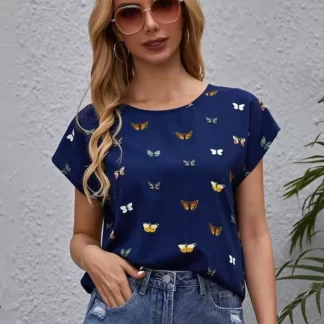 Navy Blue Butterfly Patterned T-Shirt