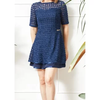 Blue embossed patterned dress models