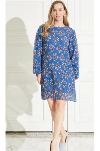Blue Colored Pleated Floral Dress Models