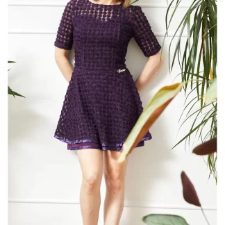 Purple embossed patterned dress models