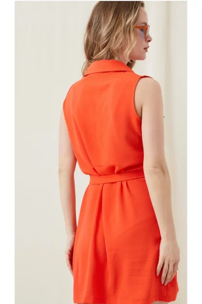 Shirt Collar Belted Orange Dress 5