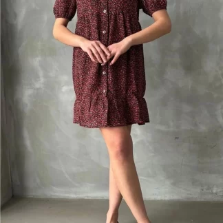 Buttoned Front Floral Patterned Red Dress