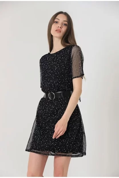 Polka Dot Belted Black Tulle Dress, mini.
