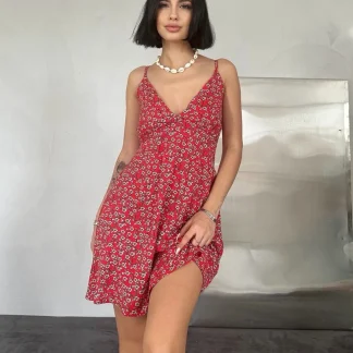 Strappy Floral Red Mini Dress model