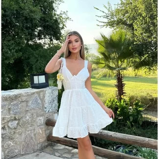 Frilly White Strap Mini Dress models