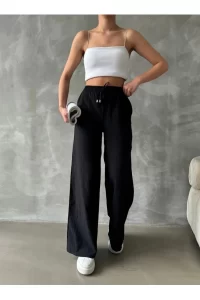 Siyah Beli Lastikli Rahat Kesim Pantolon, Kadın
