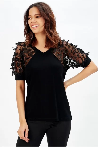 Black evening dress blouse with transparent sleeves and open shoulders 3